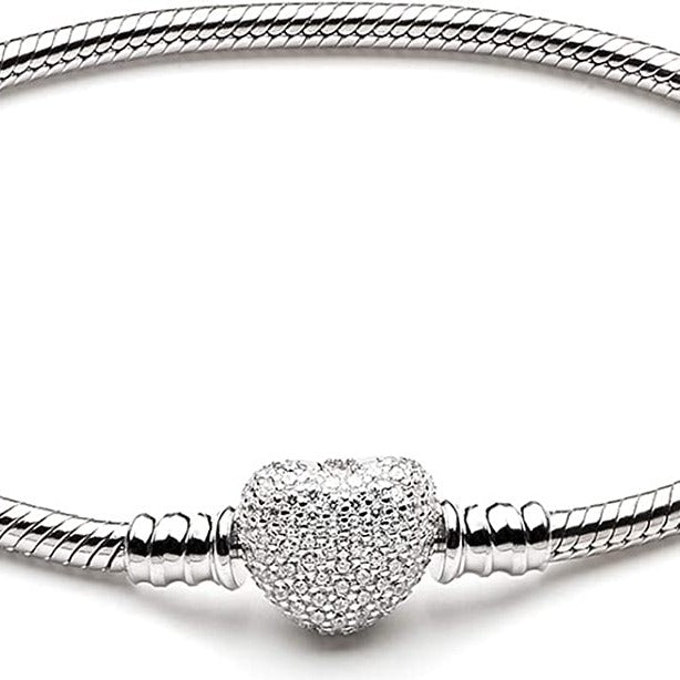 Athenaie Sterling Silver S925 Pave Heart Charm Snake Chain Bracelet 19cm - D&D Moda