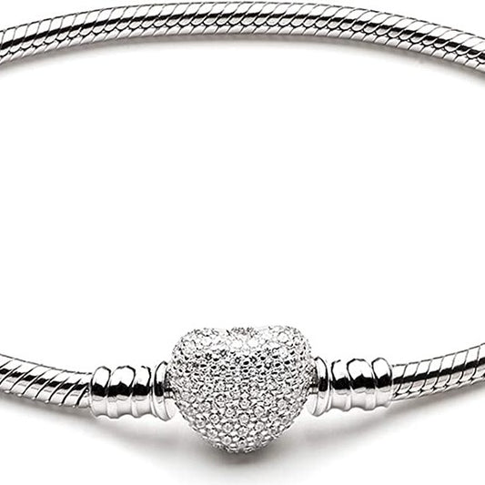 Athenaie Sterling Silver S925 Pave Heart Charm Snake Chain Bracelet 19cm - D&D Moda