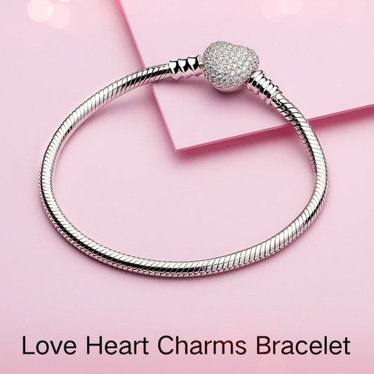 Athenaie Sterling Silver S925 Pave Heart Charm Snake Chain Bracelet 19cm - D&D Moda